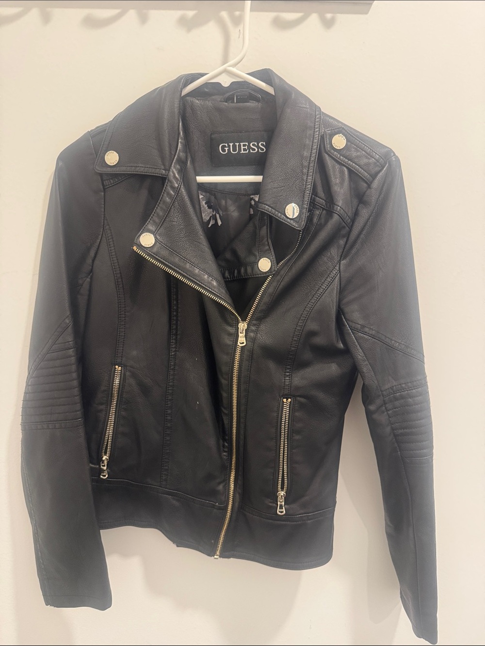 GUESS Black Faux Leather Asymmetrical Zip Moto Jacket